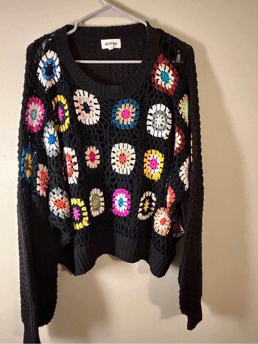 Adora Black Crochet Knit Sweater with Multicolor granny square Floral Motifs